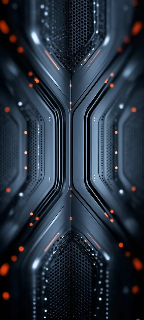 Brushed metal and hexagonal mesh catch rows of amber status lights — industrial sci-fi warmth in a dark vertical frame.