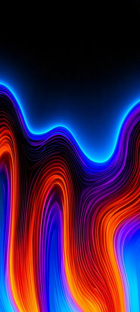 A dark upper void over cascading topographic ridges — ember orange, violet, and neon-blue seams for OLED lock screens.