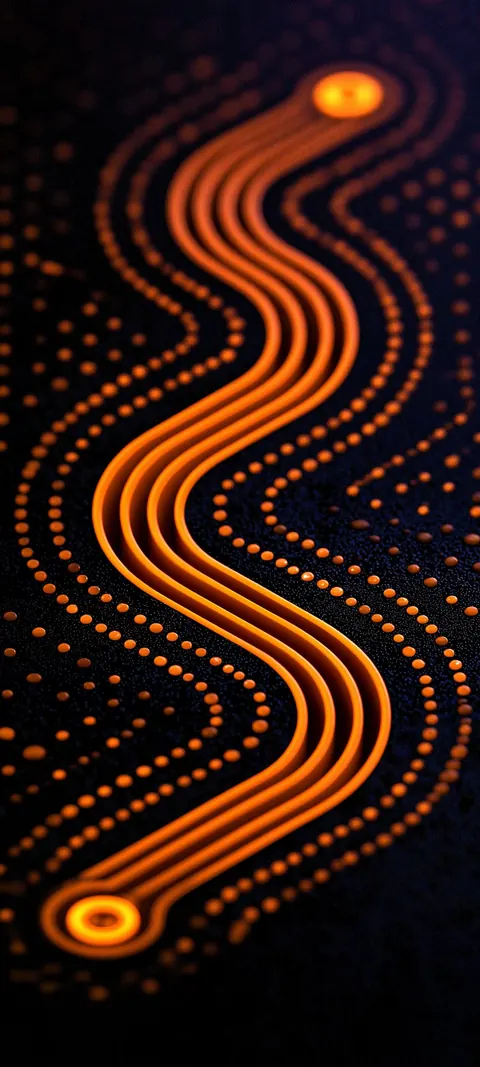 Dotted lines of ember light wind across the board in a long, serpentine curve.