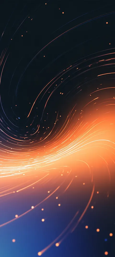 Fine orange and white light trails swirl through a dark blue space flecked with glowing dust.