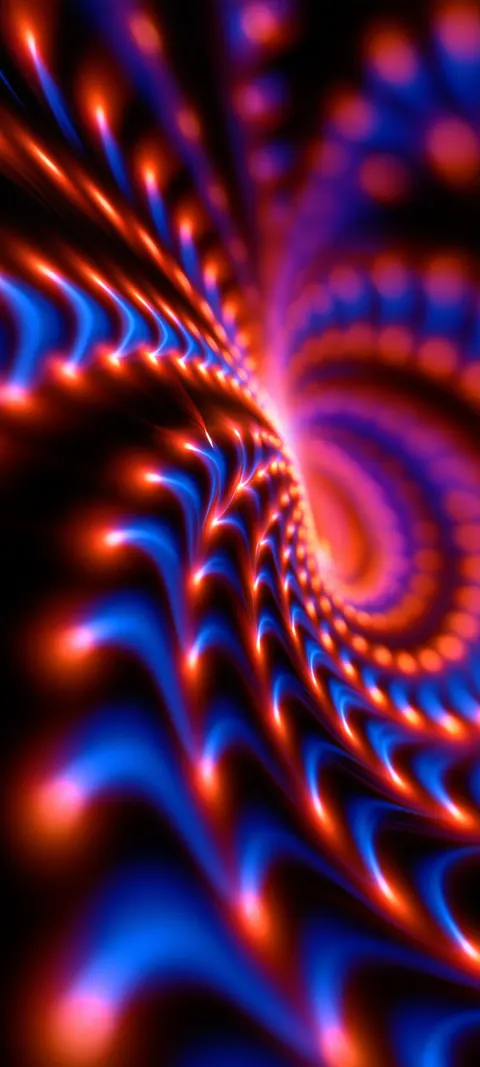 A repeating spiral of blue and orange light patterns twists into the center of the frame.