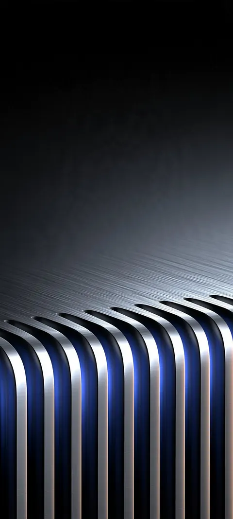 Parallel brushed-chrome ribs curve downward with blue light in the channels, under a dark frosted field.