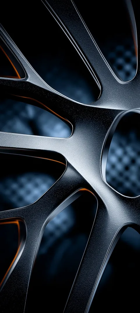 A phone mockup frames interlocking metallic planes with sharp highlights — clean futuristic depth for OLED lock screens.