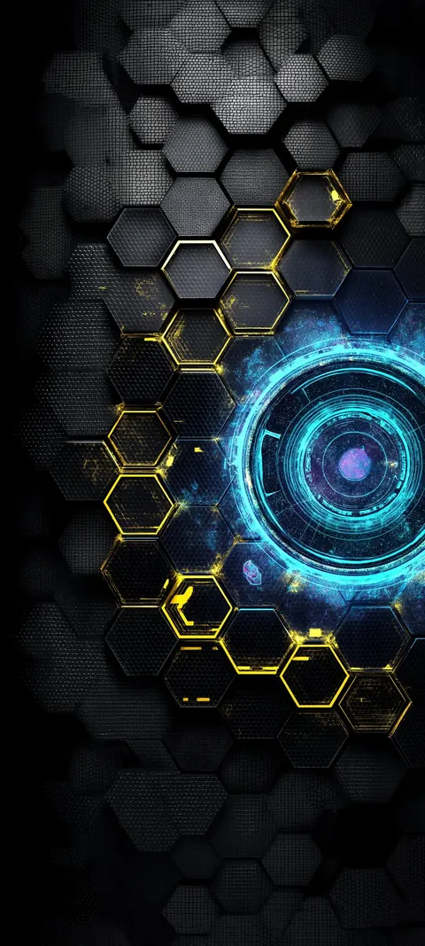 Gilded hex panels ring a bright reactor core, warm metal and soft glow on a dark tech stage.