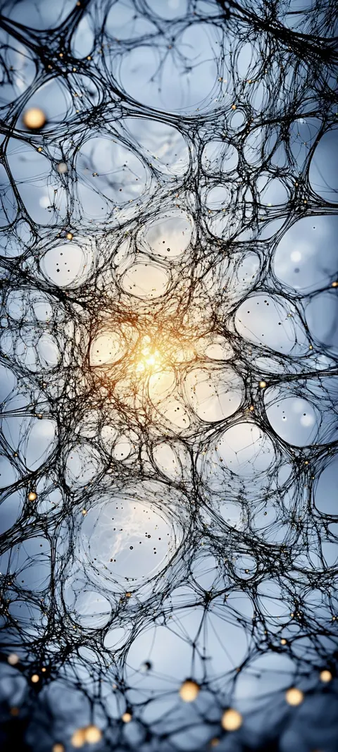 A glacial blue web of synapse-like traces spreads across dark ground, fine lines meeting at glowing nodes.