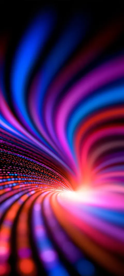 Streaks of pink, violet and blue light bend into a warp tunnel racing toward the horizon.