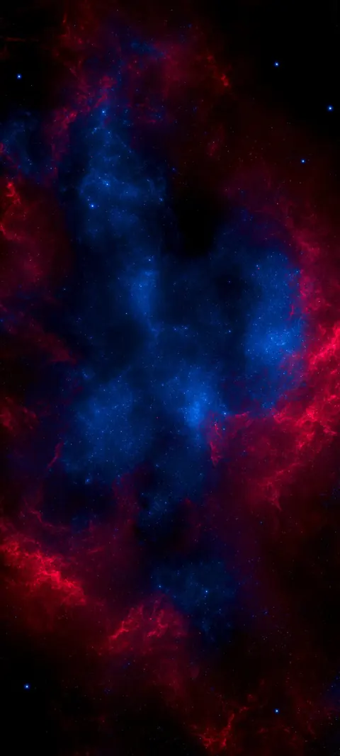 Indigo and ember clouds form a small nebula in deep space, with soft glow and a few distant stars.