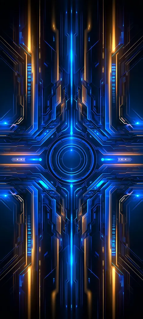 A symmetrical blue and amber sci-fi panel with a glowing circular core.