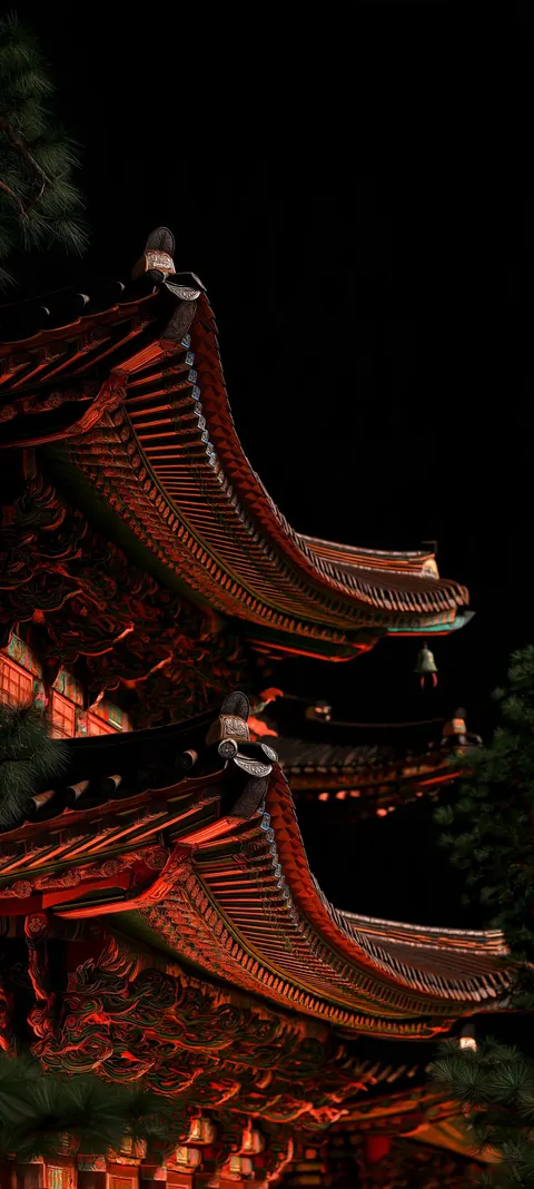Ornate Korean roof eaves bring saturated painted detail and cultural geometry to a cinematic mobile composition.