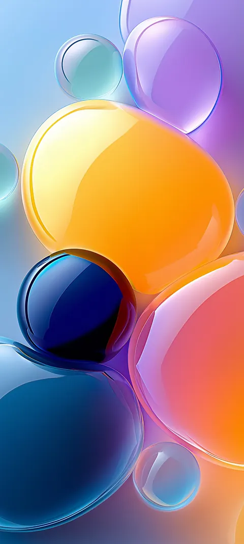 Translucent liquid forms with bright specular hits — playful color without clutter.