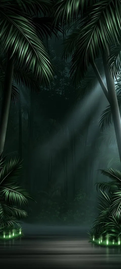 Moonlight cuts through dense palms while a row of green path lights guides the eye.
