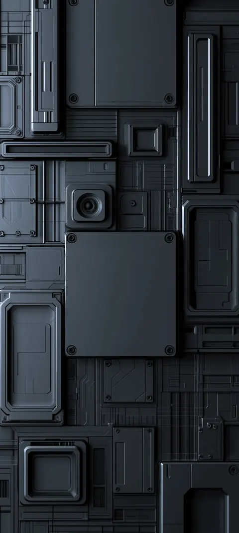 Interlocking matte gray machine panels and hatches fill the screen in a close, symmetrical layout.