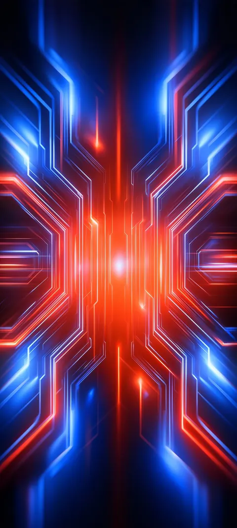 Perfectly mirrored blue circuit paths race toward a burning red core at the center of the board.