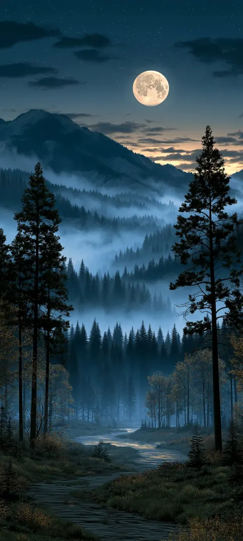 A full moon over misty blue mountains, with tall pine trees framing a quiet forest valley.