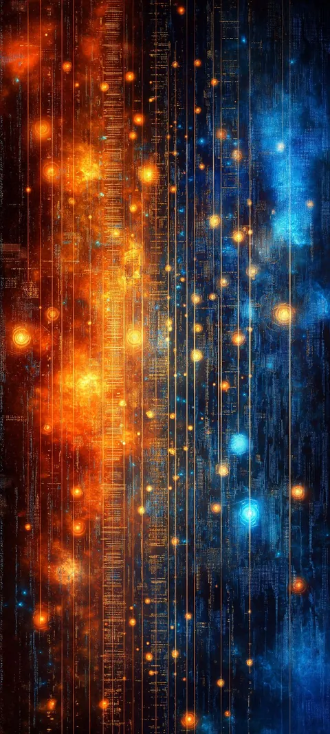 Hot molten pixels cascade as digital rain across a charged field — kinetic lock-screen energy with icon space.