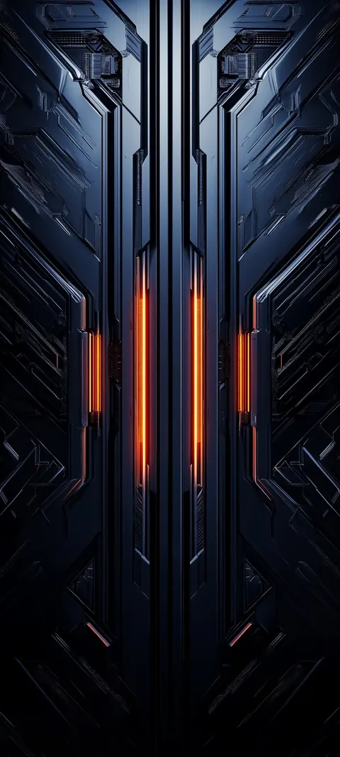 Dark armored panels in a symmetrical pattern, lit by thin vertical lines of orange light.