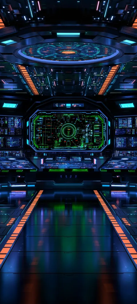 A glowing green holographic console sits between cyan and amber bridge lights — cinematic sci-fi depth for mobile lock screens.