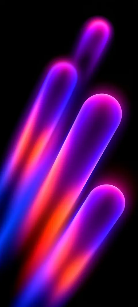 Diagonal neon capsules fade from magenta tips through violet into warm orange cores — high-contrast glow for lock screens.