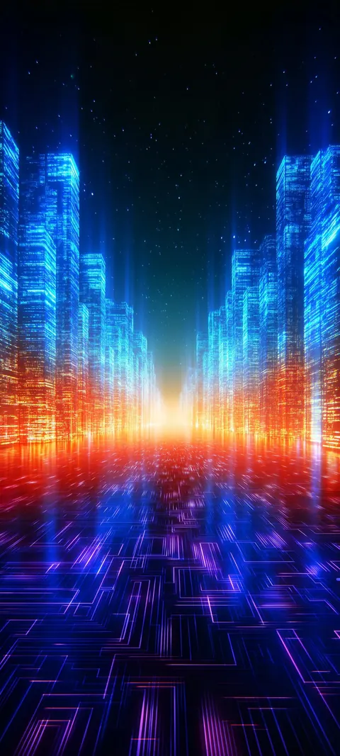 Electric-blue towers rise from a glowing grid as a sunrise of orange light floods the avenue between them.
