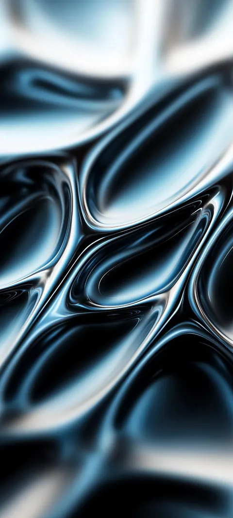 A luminous phone mockup presents flowing blue-black organic forms — a polished mobile preview with dark negative space.