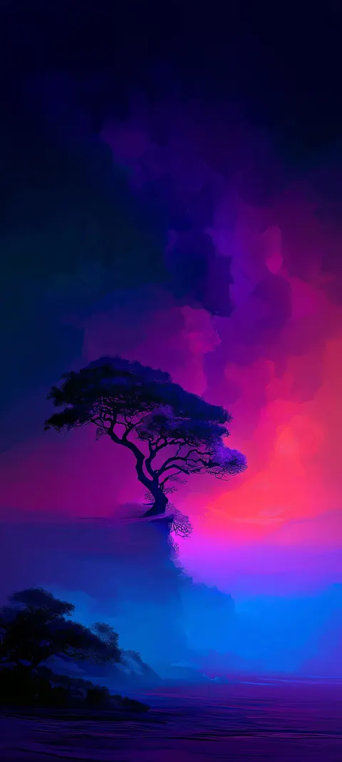 A silhouetted mesa tree against neon-pink haze and electric-blue mist — cinematic lock-screen depth with open dark sky.