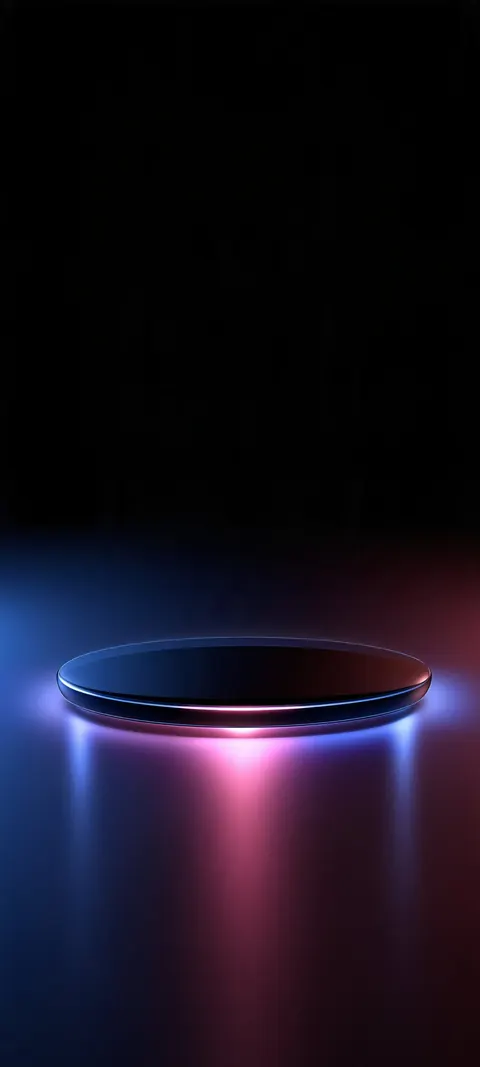 A low glowing circular platform floats over neon pink and blue floor reflections.