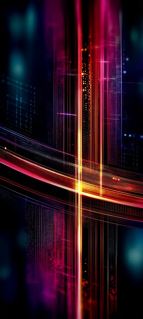 Crossed beams of orange and magenta light cut through blue grid lines and soft bokeh on a dark field.
