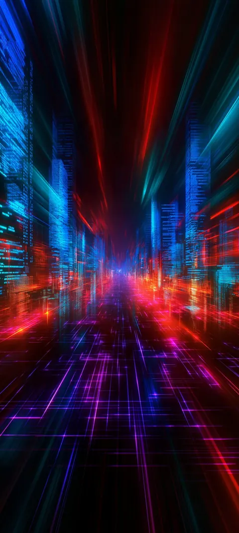 A city street rushes toward a vanishing point in streaks of red, cyan and violet neon light.