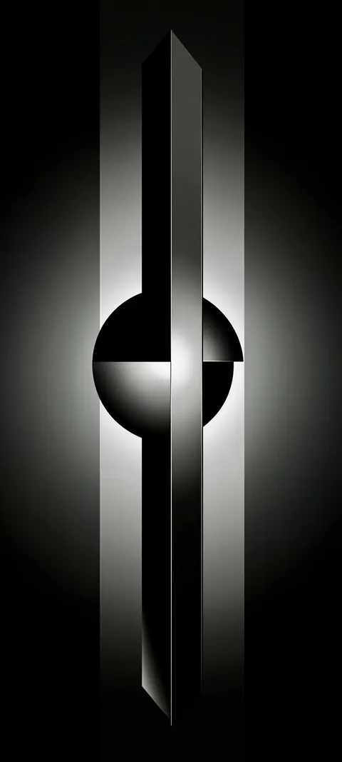 A black-and-white geometric design: a tall dark bar crossing a half-lit circle on a gray gradient.