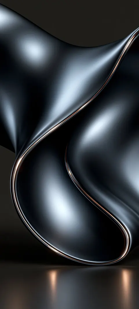 Glossy black liquid folds curl through a dark studio.