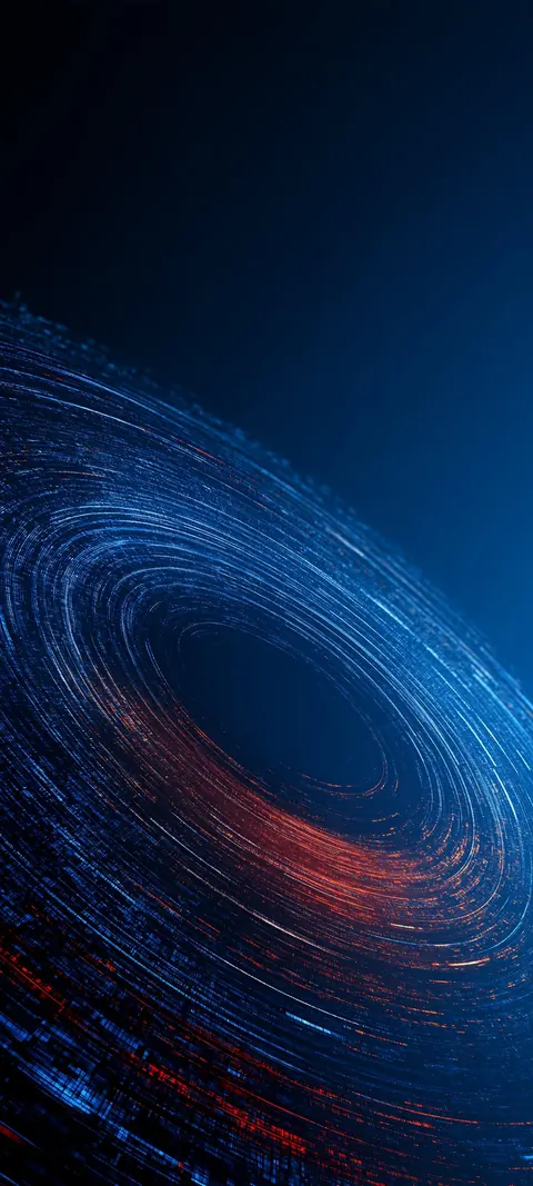 Fine blue and red light threads spiral into a dark oval vortex against deep navy.
