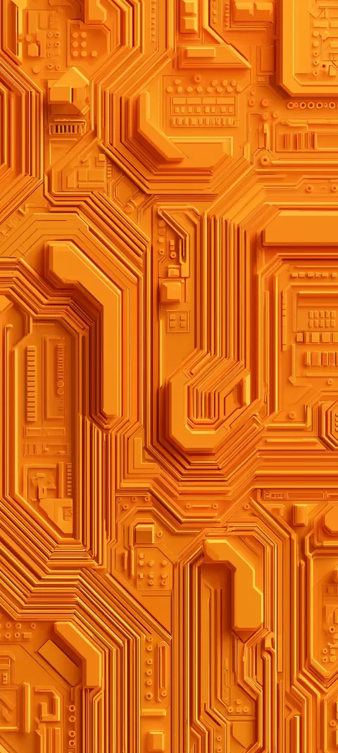 Dense carved circuit platforms and angled traces in a single saturated orange — tactile tech for OLED lock screens.