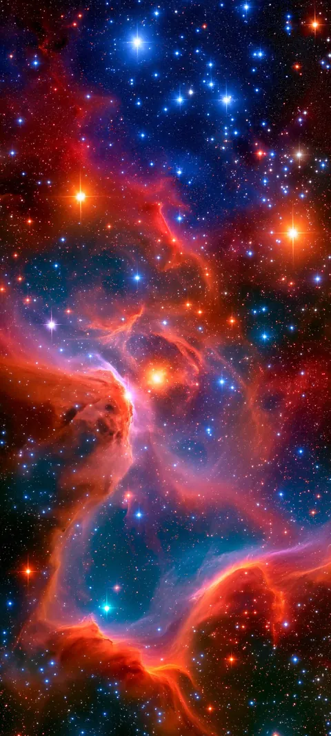Dense orange-red nebula gas packed with bright stars and deep blue pockets.