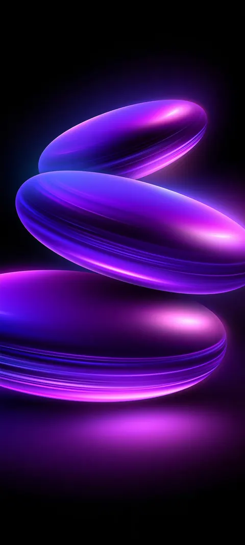 Glossy orchid-purple discs hover in a soft stack, edged in neon light.