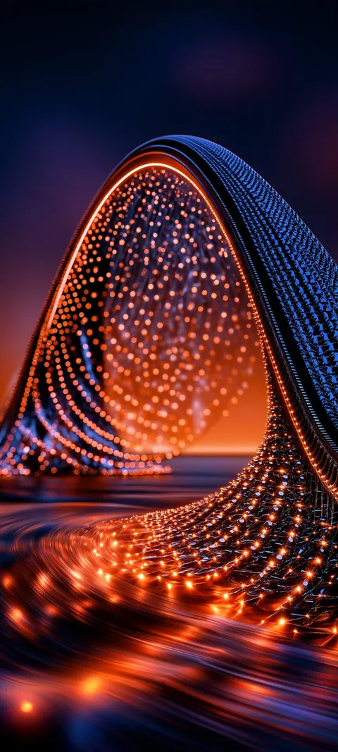 Overlapping arches of glowing orange and blue particles form a luminous canopy over dark glass.