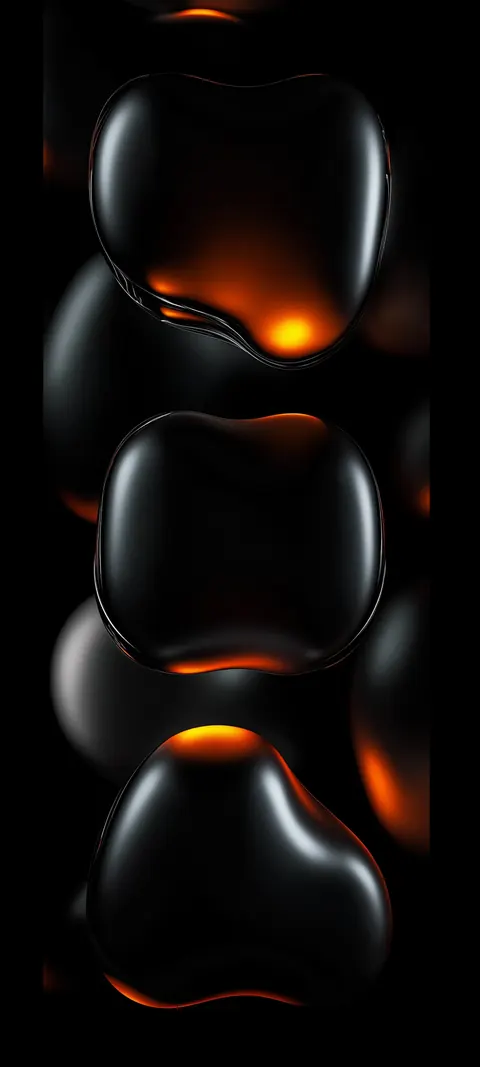 Dark molten droplets catch warm ember highlights across a phone mockup — deep contrast made for OLED lock screens.