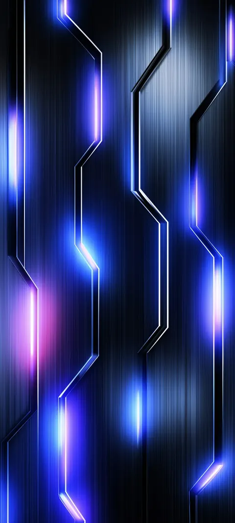 Angular recessed grooves in dark metal, neon blue-to-violet strips with a magenta flare — industrial cyber texture.