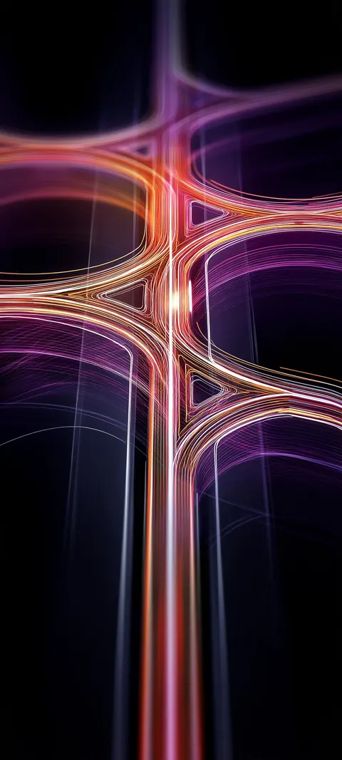 Glowing plasma ribbons meet at a bright junction on a dark tech field, hot pink and cool blue crossing paths.