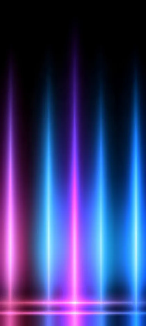 Vertical neon pillars rising from twin magenta rails — high-contrast signal light with open dark sky above.