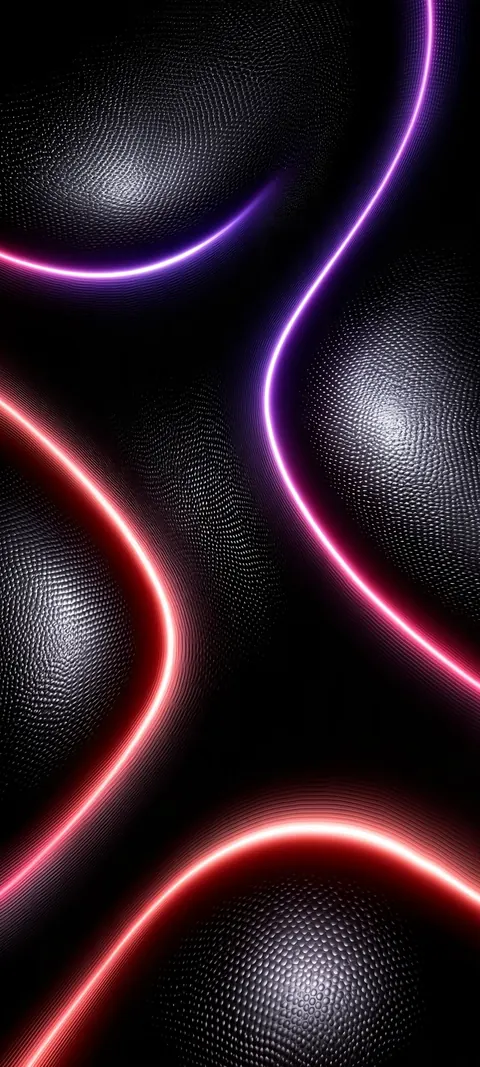Pink and red neon lines trace soft curves over dark, dimpled shapes.