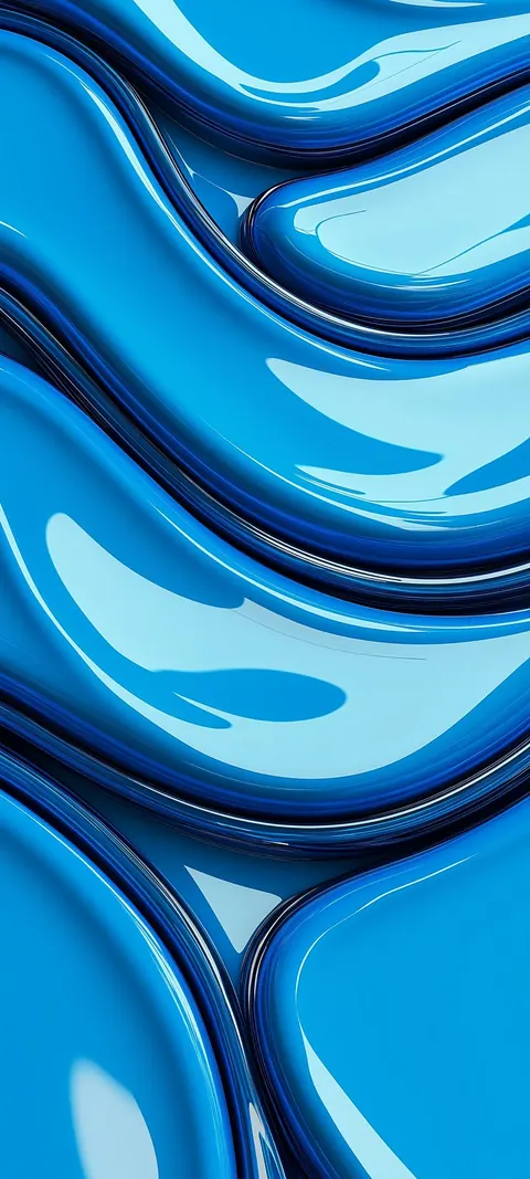 Glossy blue liquid-like waves stacked in smooth layers, light and dark blue.