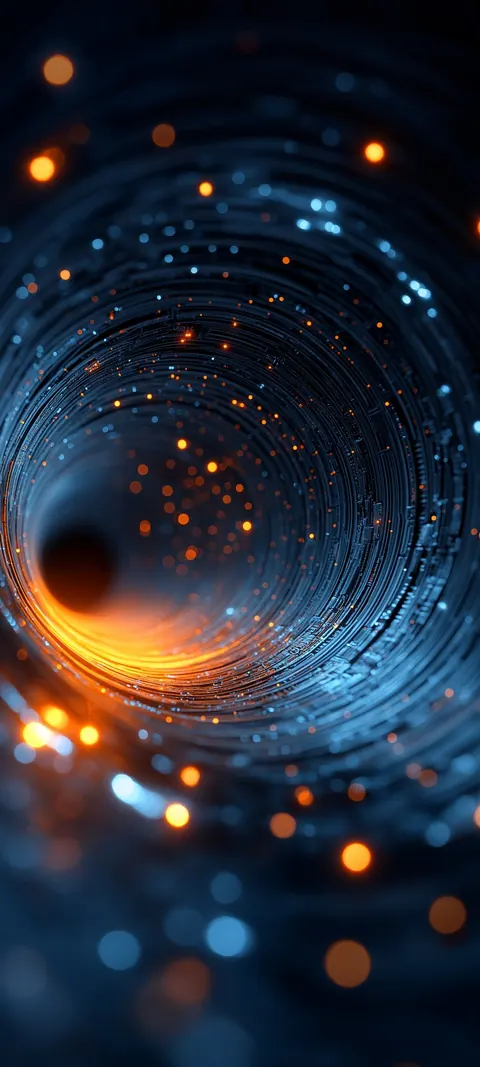 Sapphire sparks spiral into a bright wormhole mouth, pulling light inward through deep black.