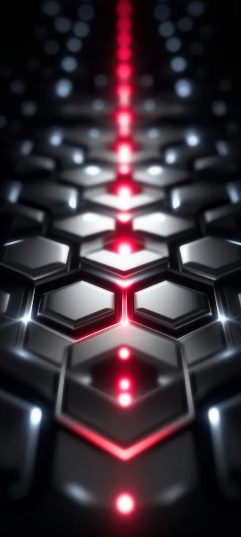A honeycomb lattice glows with scarlet laser lines, geometric and sharp against deep shadow.