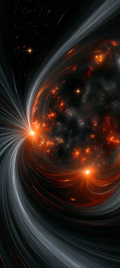A dark world hangs in space, wrapped in sweeping trails of orange ember light.