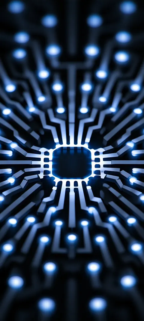 A lone microchip radiates bright circuit traces in every direction, each one ending in a point of light.