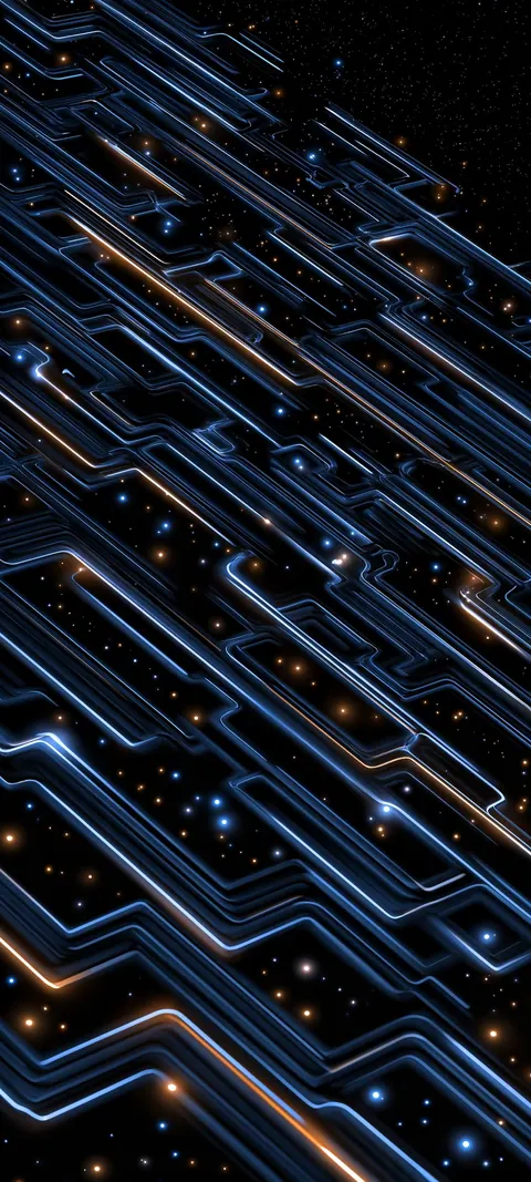 Raised metallic pathways zigzag through a dark void, edged in electric blue and warm amber glow.