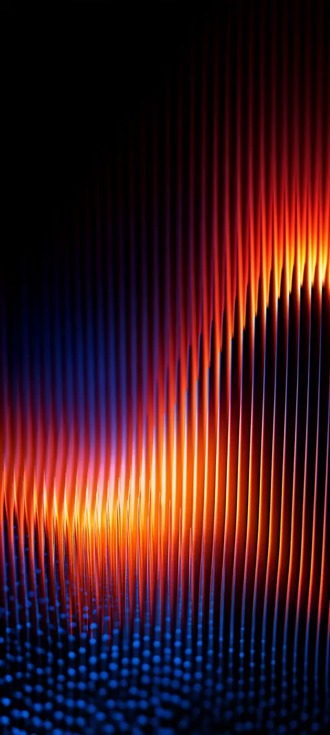 Hundreds of fine vertical filaments with warm heat bands over a cool blue base grid — textured depth without clutter.