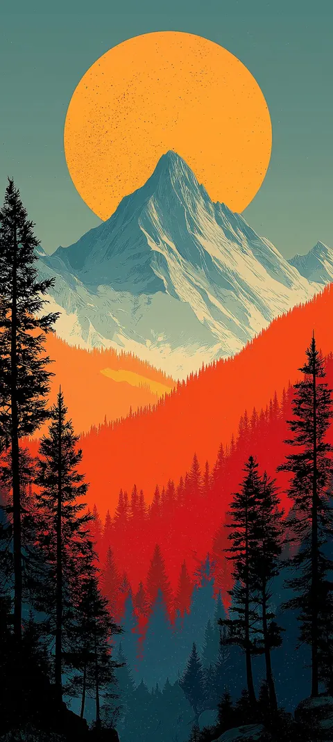 Retro poster-style peak under a giant orange sun, framed by silhouetted pines and fiery slopes — bold outdoor color for a tall screen.