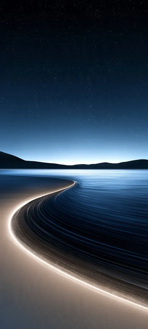 A glowing curved shoreline leads into a star-dotted deep blue sky.