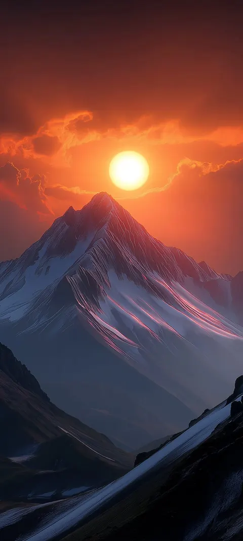 Alpine ridges catch a tangerine blaze of sunset light, bold color under a darkening sky.